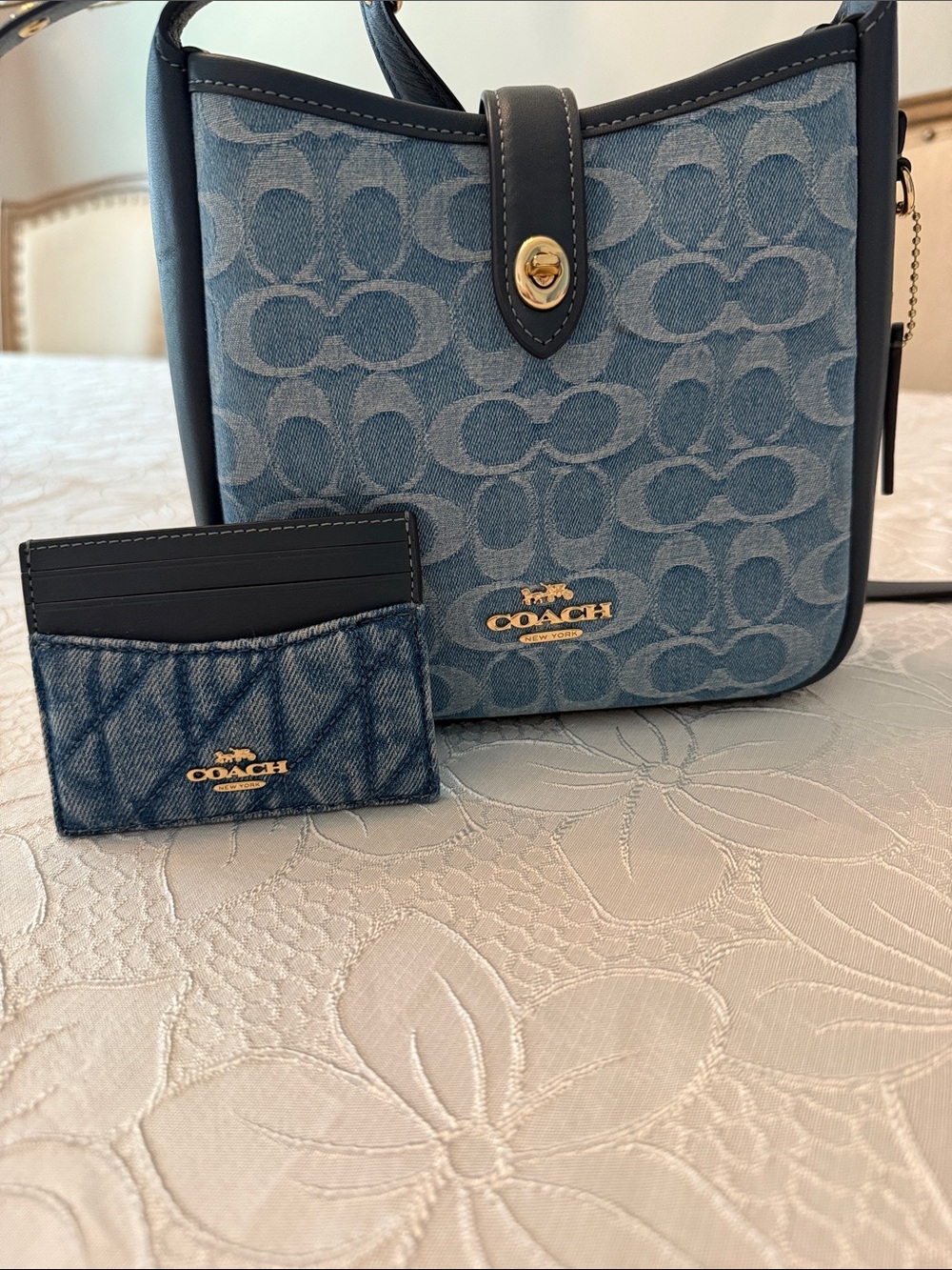 Coach Blue Denim Signature Crossbody with Denim Card Case and Gold Hardware